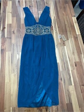 NWT Mandalay Sz 4 Silk Beaded Deep V Neck Midi Dress in Turquoise Blue Y2K Style